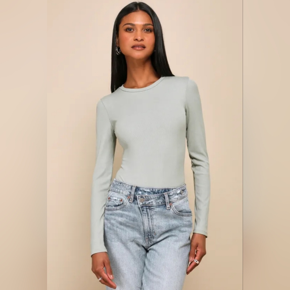 Lulus Effortless Upgrade Sage Green Ribbed Long Sleeve Bodysuit S NWT